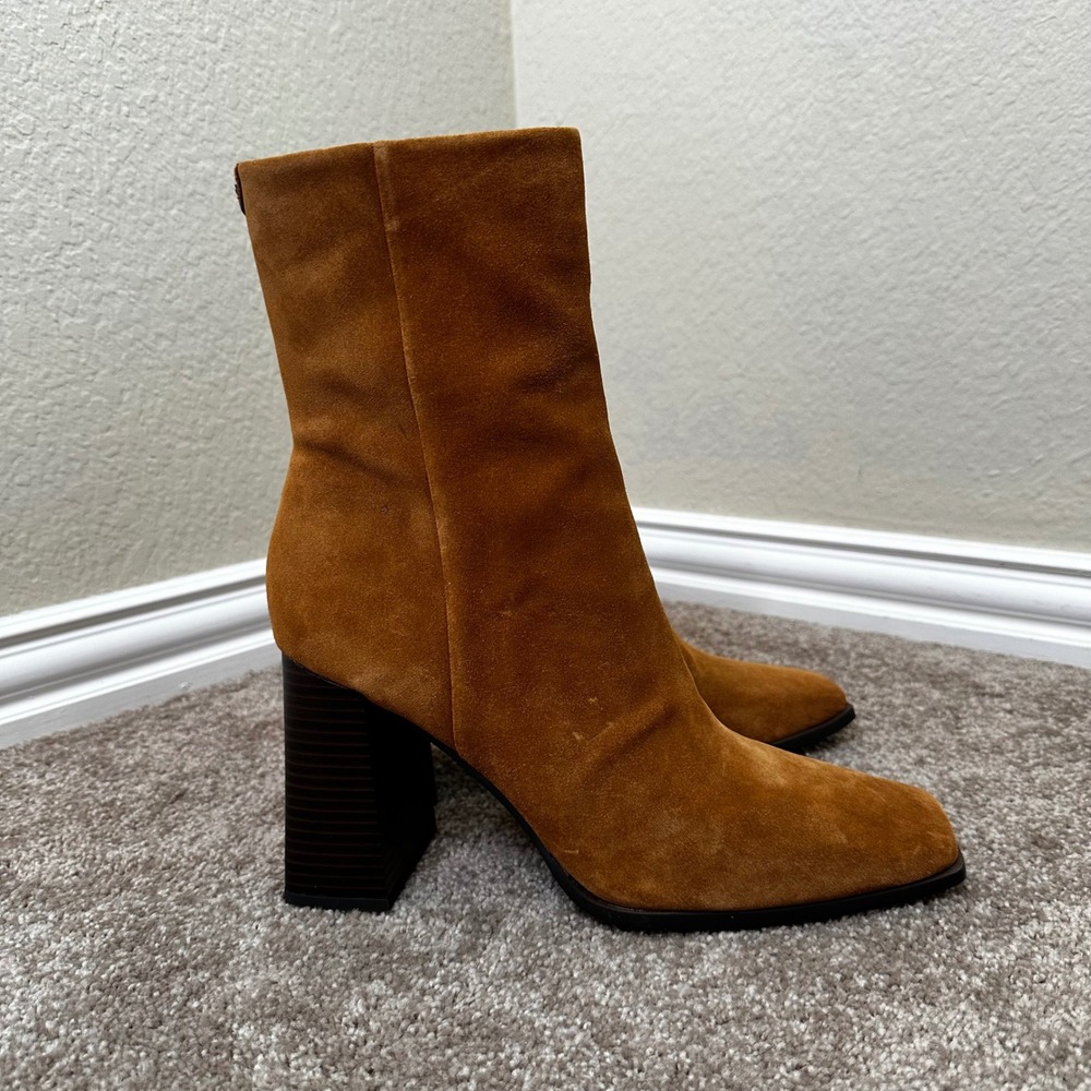 Sam Edelman Cognac Suede Square Toe Block Heel Ankle Boots Womens 10.5 M Western